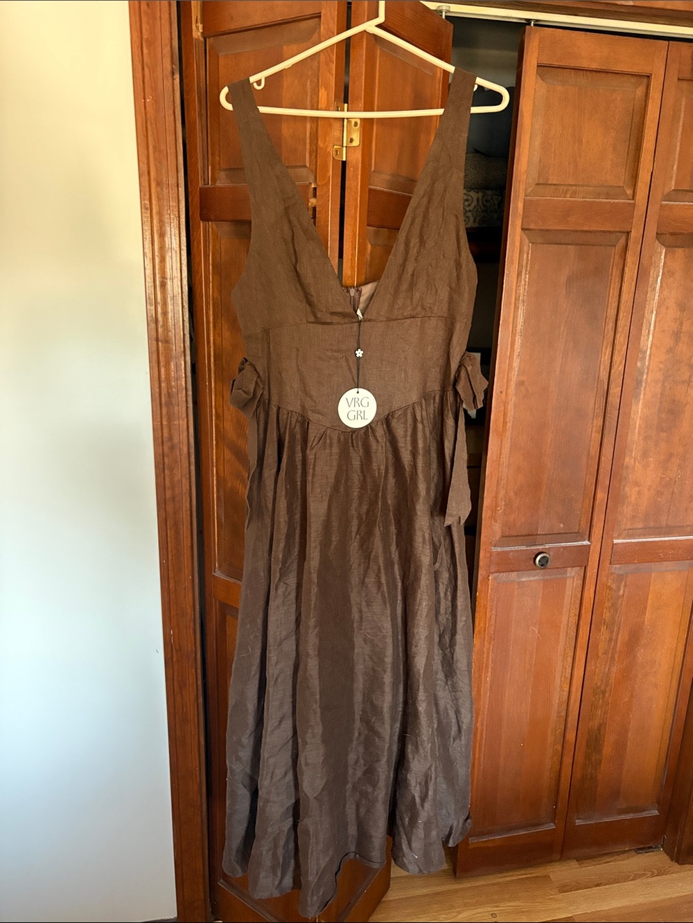 VRG Brown Linen Deep V-Neck Midi Dress